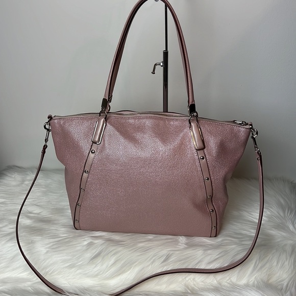 SOLD - NWOT COACH Metallic Pink Pebbled Leather Lg Zip Top Studded Shld Tote Bag - Picture 5 of 11